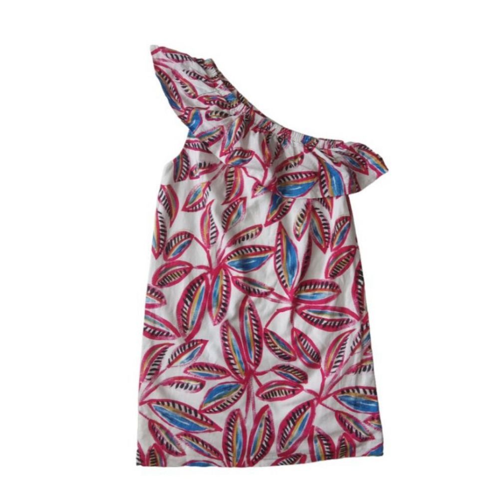 J. Crew Factory Tropical Floral Print Ruffle One Shoulder Linen Dress Women's XS